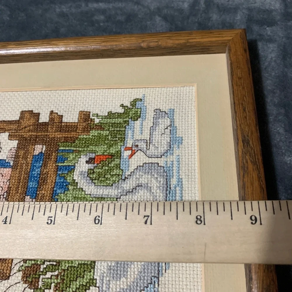 Needlepoint Art Framed Girl Swans Blue Brown Cottagecore Vintage